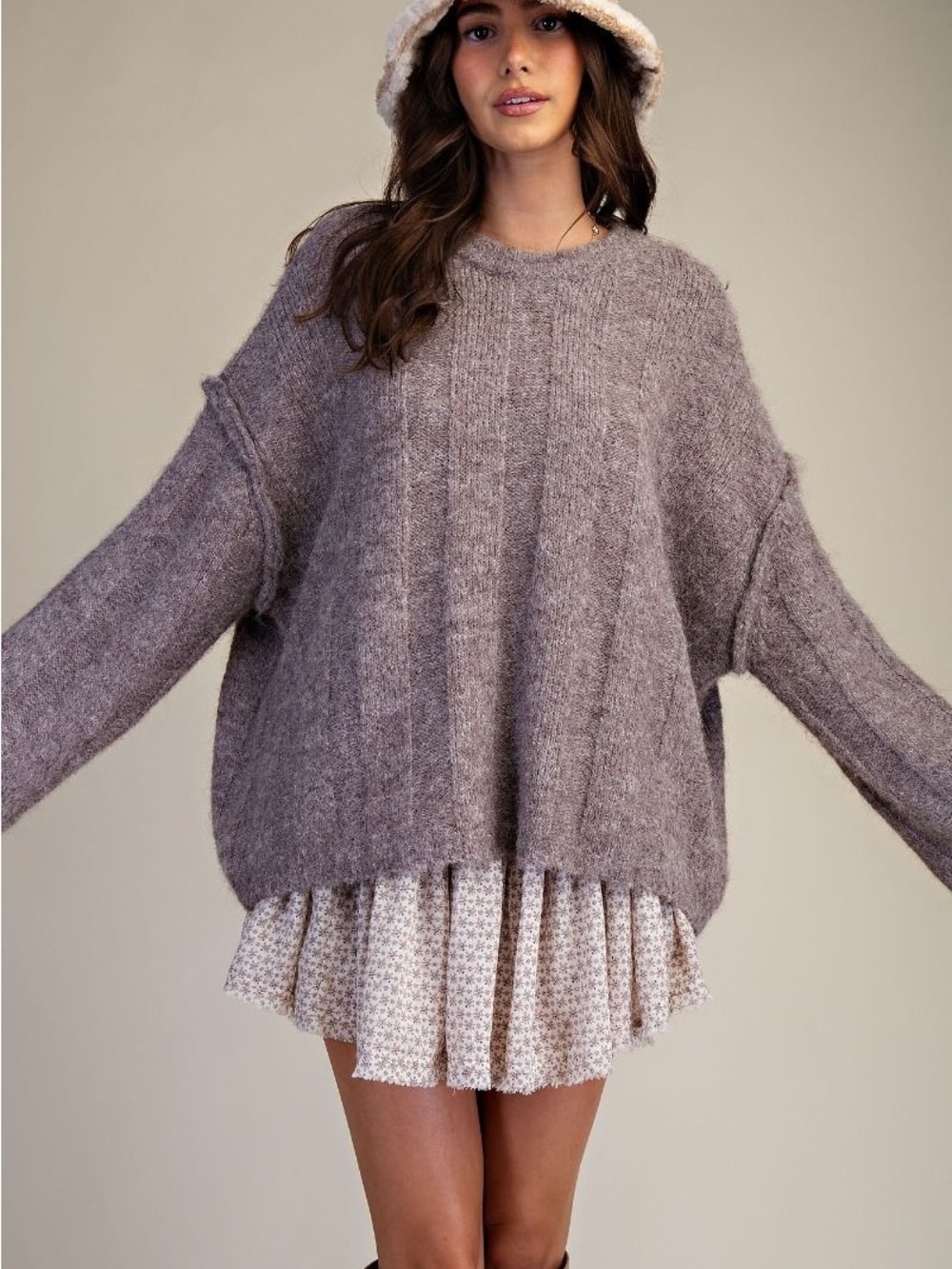 48.Easel OVERSIZED LONG SLEEVE FUZZ KNITTED SWEATER taupe brown mocha - Picture 3 of 6